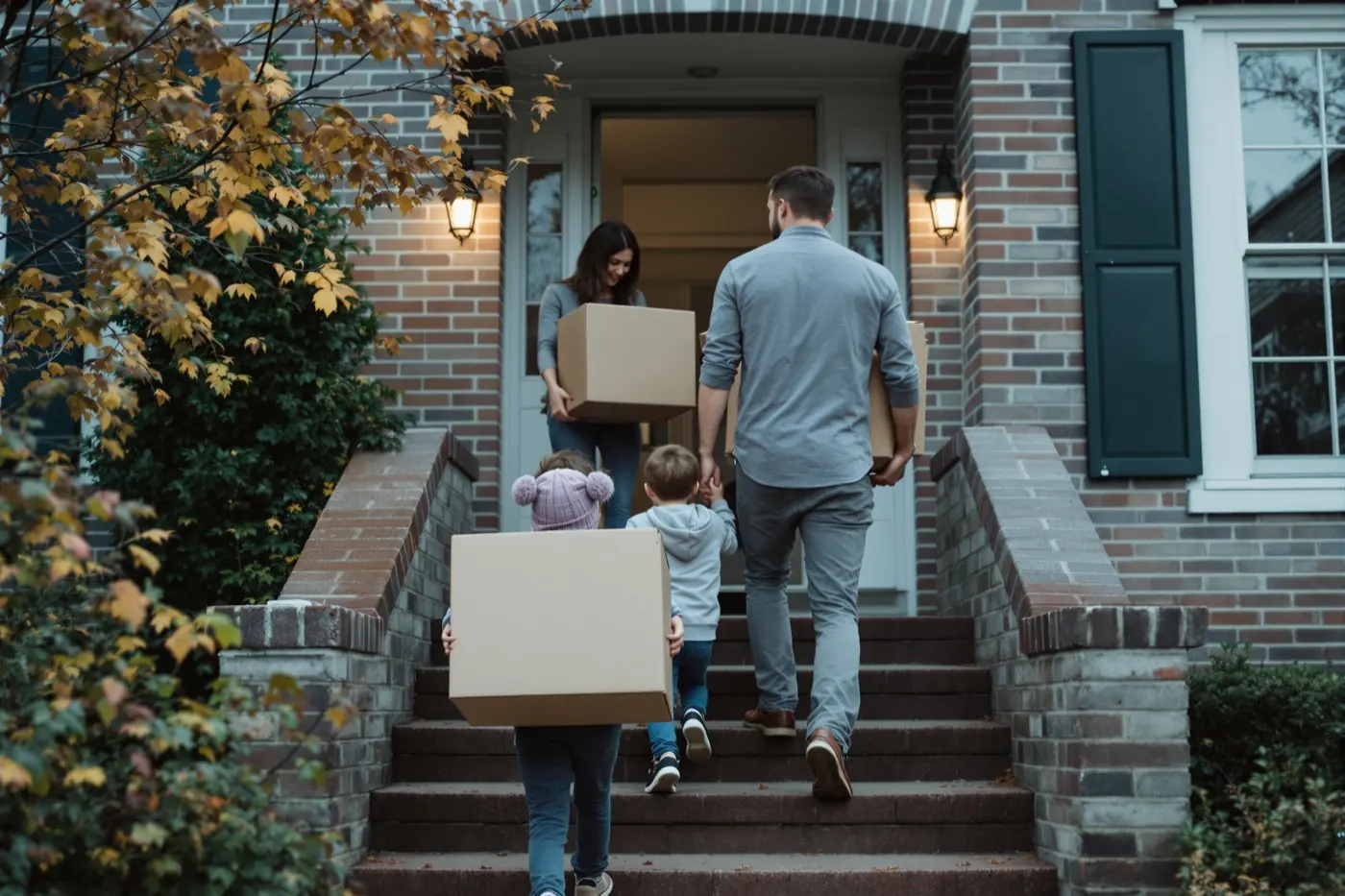 A family carrying moving boxes up the steps of a brick house