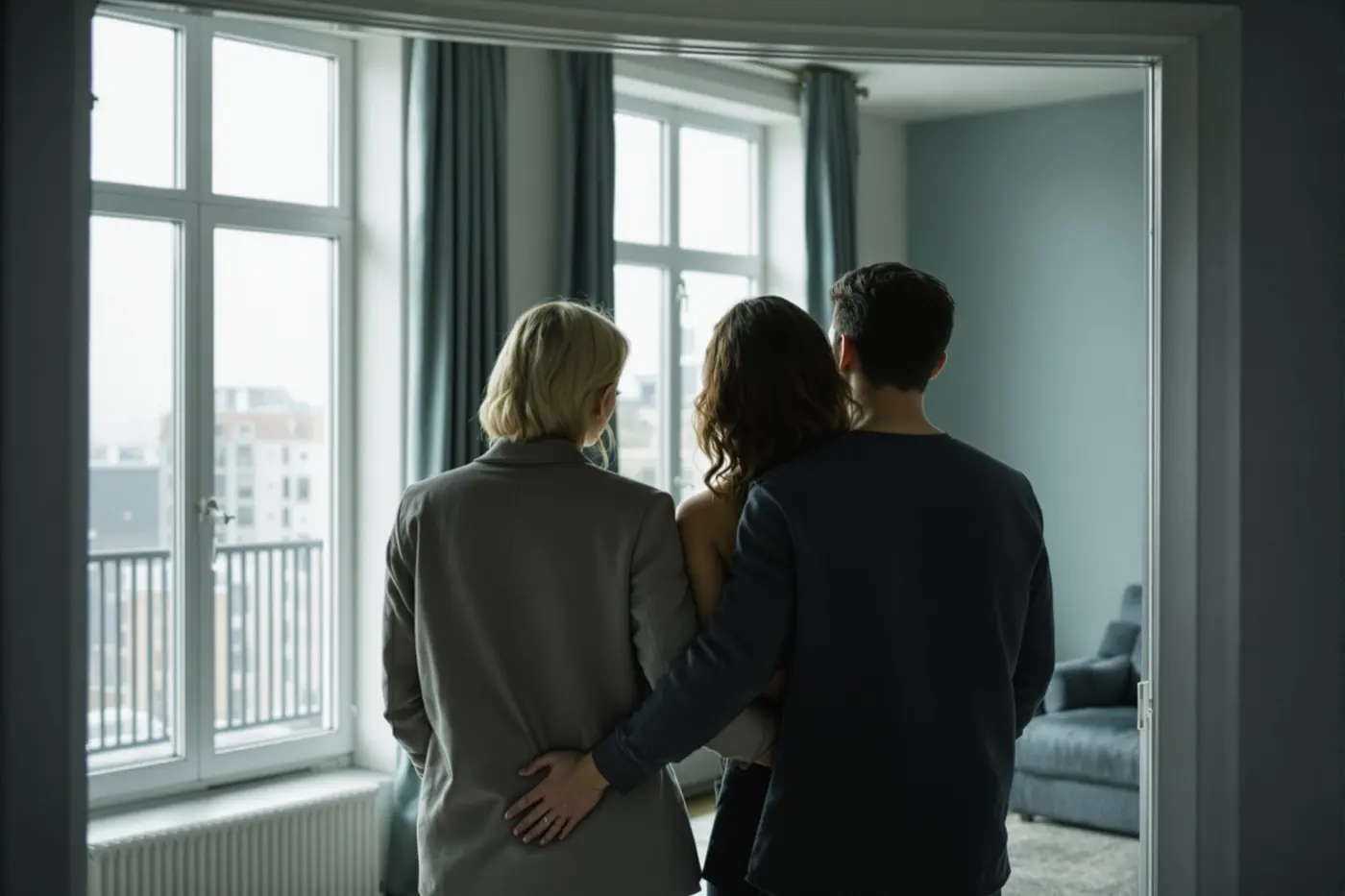 A couple looking into a bright, empty apartment during a viewing